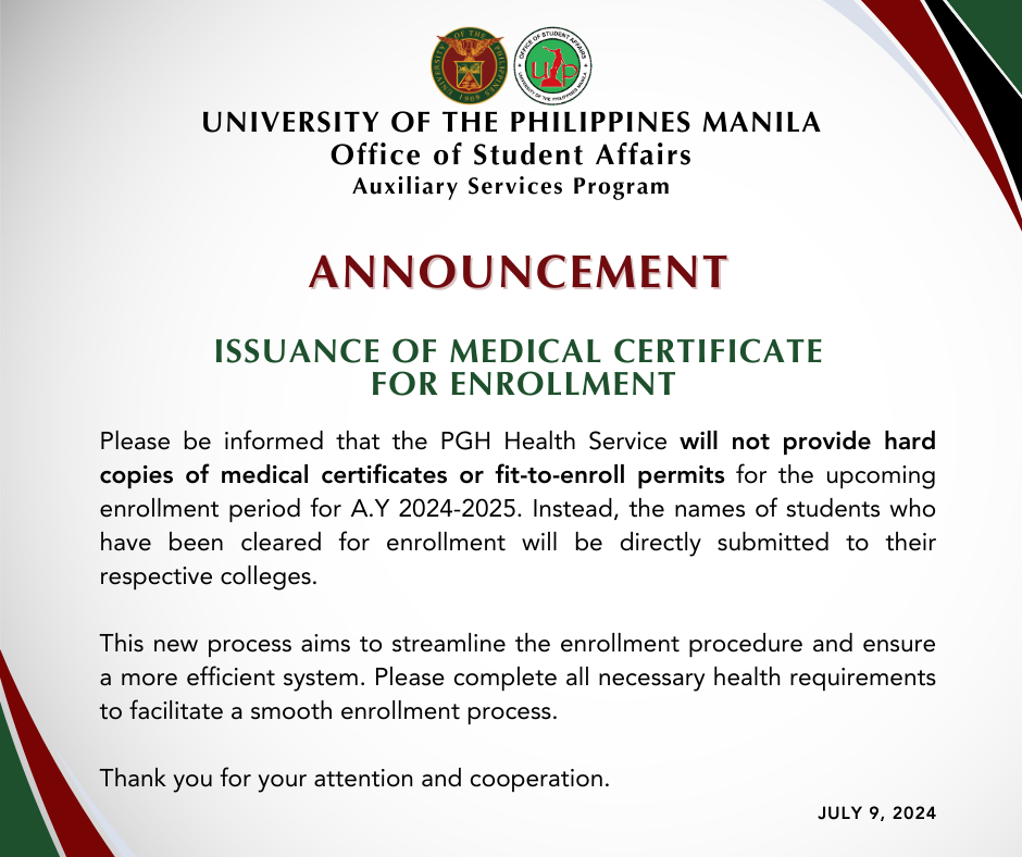 Issuance of Medical Certificate for Enrollment