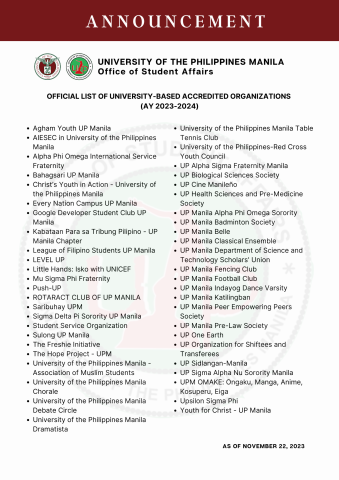 Official List of University-based Accredited Organizations (AY 2023-2024)